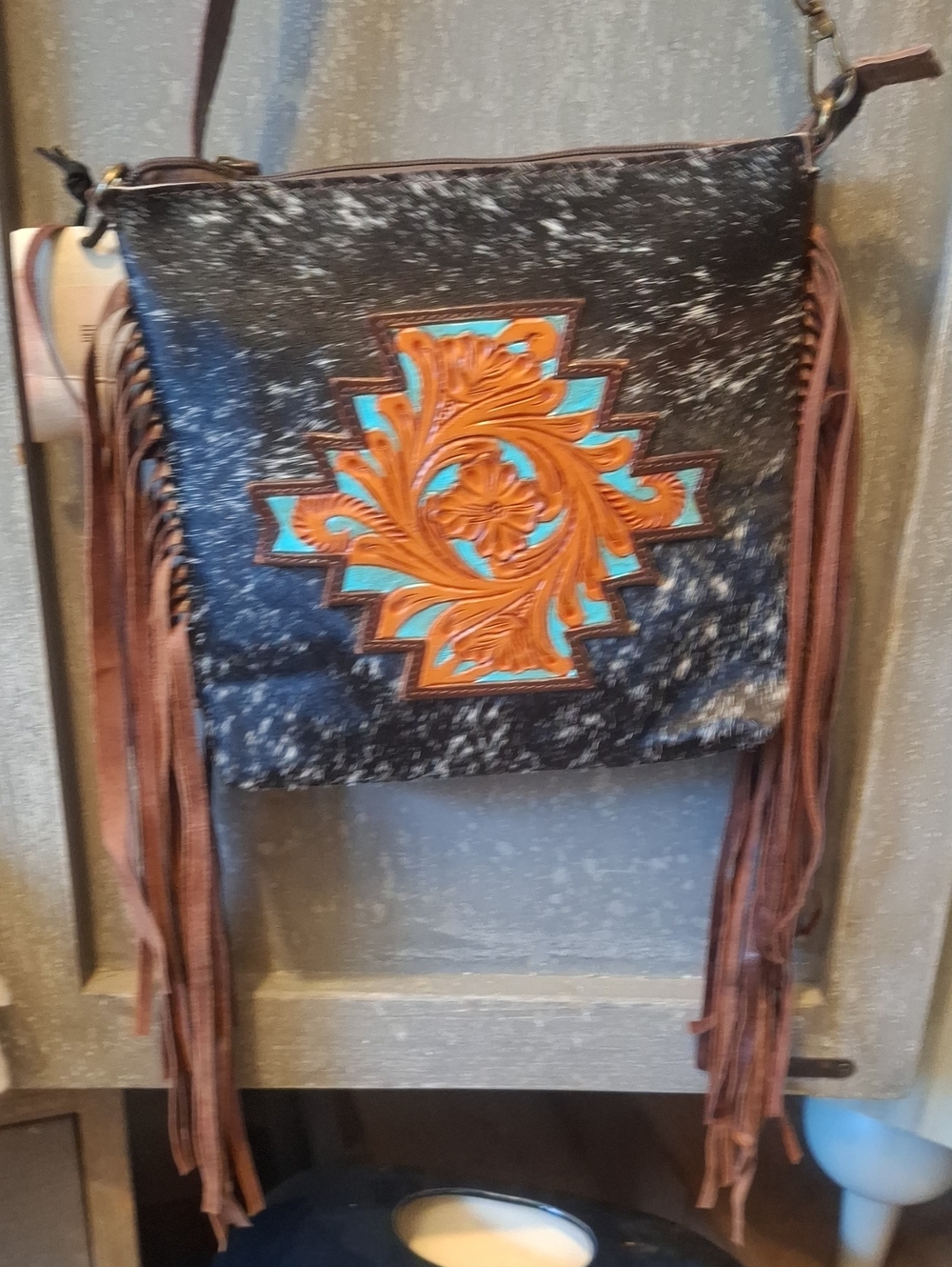 Boho Turquoise & Tan Fringe Crossbody Bag
